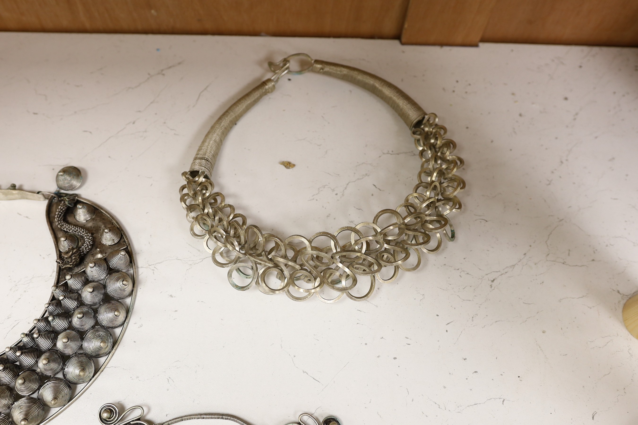Six various south East Asian white metal collars